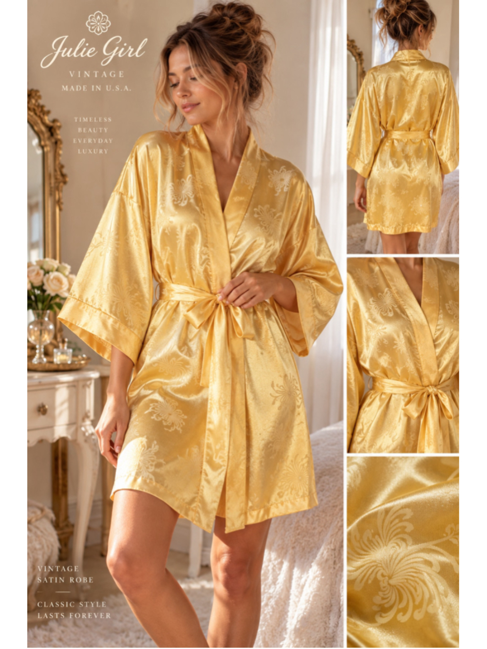Vintage Julie Girl Gold Satin Kimono Robe Small Floral Made USA 70s 80s